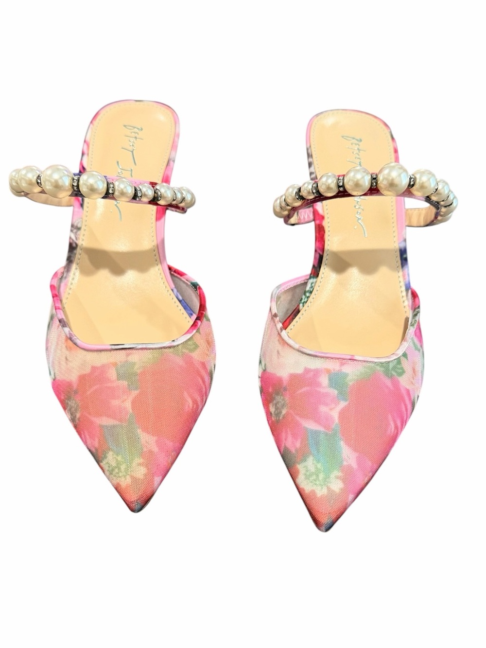 Betsey Johnson Pink Pearl-Embellished Floral Mesh Kitten Heel - Picture 2 of 7